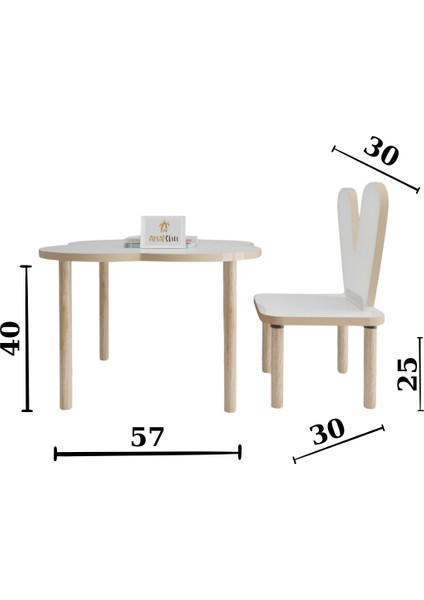 Ahşap Okulu Oyun Aktivite Masası - Etkinlik Masası - Çocuk Ders Çalışma Masası-  Yonca Masa ve Tavşan Sandalye