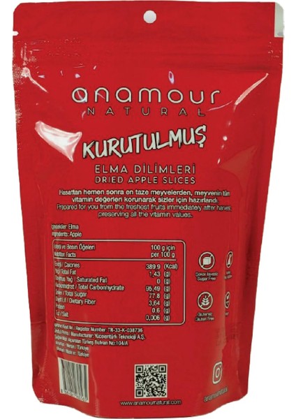 Anamour Natural Elma Kurusu Cips Elma (Şekersiz) Vegan Doğal Kuru Meyve Kıtırı 25 Gram fiyatları