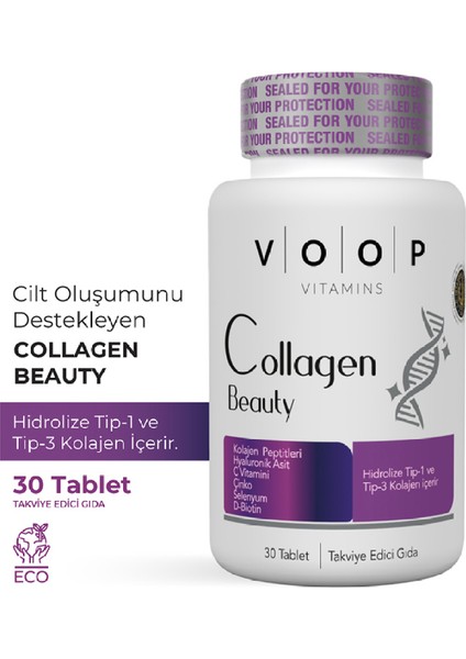 Collagen Beauty Tip 1 Ve Tip 3 | Kolajen Hyaluronic Asit Q10 Biotin Çinko - 30 Tablet