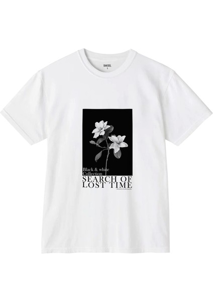 Black & White Ön Baskılı Kadın Bisiklet Yaka Basic Beyaz Tişört