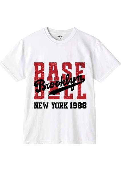 Dk Daksel Baseball Brooklyn Ön Baskılı Kadın Bisiklet Yaka Basic Beyaz Tişört