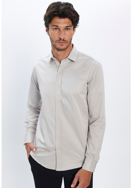 Erkek Modern Fit Dar Kesim Pamuklu Düz Saten Gri Gömlek