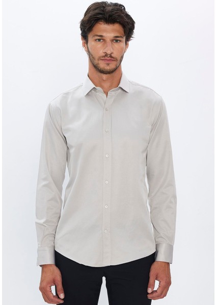 Erkek Modern Fit Dar Kesim Pamuklu Düz Saten Gri Gömlek fiyatları