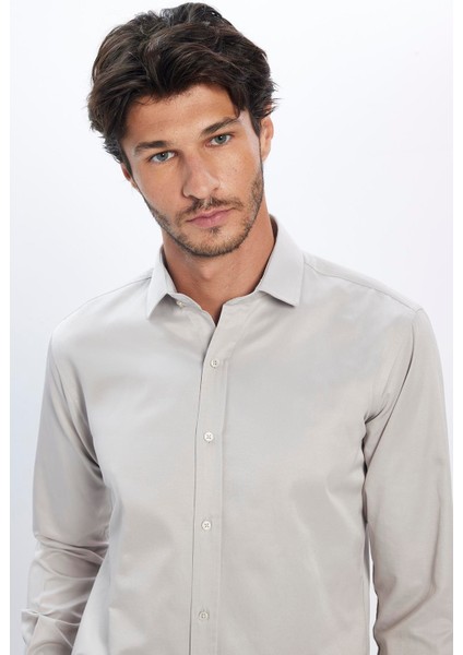 Erkek Modern Fit Dar Kesim Pamuklu Düz Saten Gri Gömlek modelleri