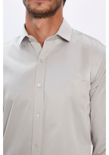 Erkek Modern Fit Dar Kesim Pamuklu Düz Saten Gri Gömlek fırsatları