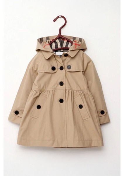 Astarlı Kapüşonlu Kız Çocuk Bondip trenç - Camel