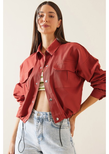 Kiremit Çift Cepli Çıtçıtlı Crop Ceket 5KXK4-48965-16