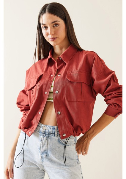 Kiremit Çift Cepli Çıtçıtlı Crop Ceket 5KXK4-48965-16 fırsatları