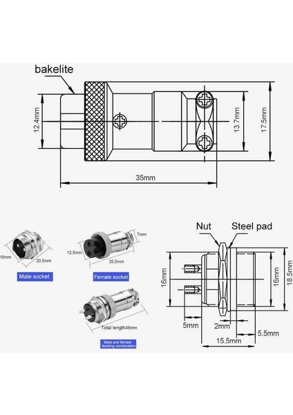 Mike Konnektör 2-Pin 16MM - Dişi +Erkek  (Takım)