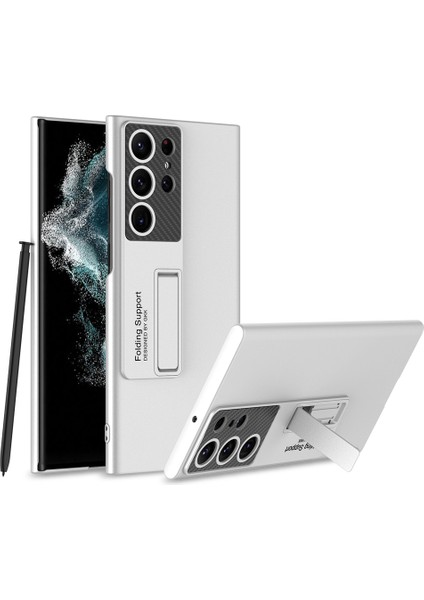 - Samsung Galaxy S23 Ultra - Kılıf Koruyucu Sert Standlı Ays Kapak - Gümüş