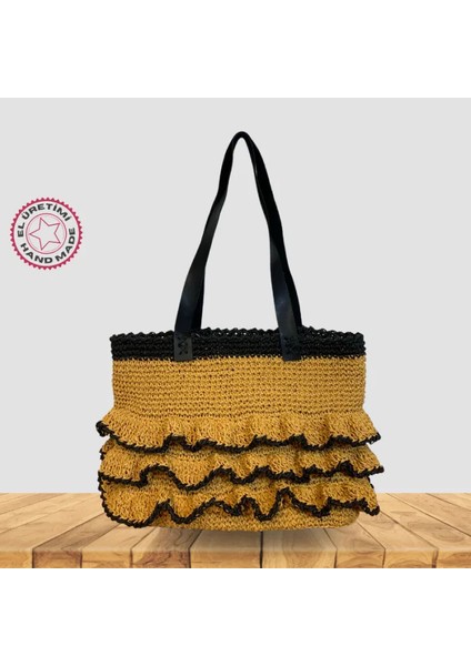 El Yapımı Kağıt Ip Fırfırlı Taba Omuz Çantası
