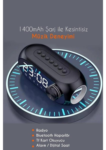 Alarmlı Bluetooth Dijital Masa Saati Fm Radyo + TF Kart + Aux + Saat Alarm Hoparlör Şarjlı