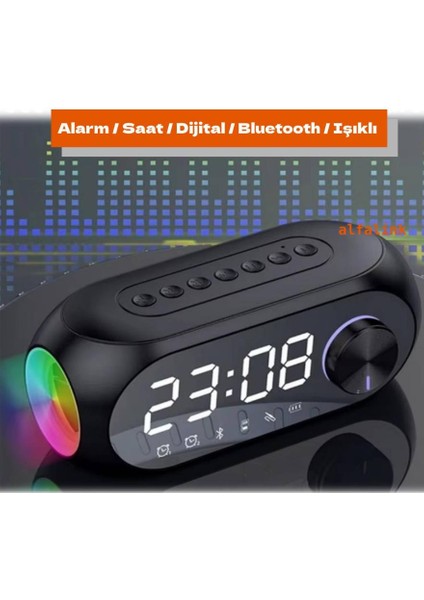 Alarmlı Bluetooth Dijital Masa Saati Fm Radyo + TF Kart + Aux + Saat Alarm Hoparlör Şarjlı