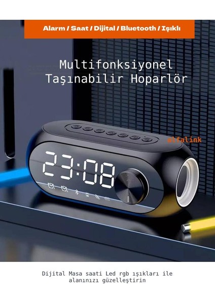 Alarmlı Bluetooth Dijital Masa Saati Fm Radyo + TF Kart + Aux + Saat Alarm Hoparlör Şarjlı