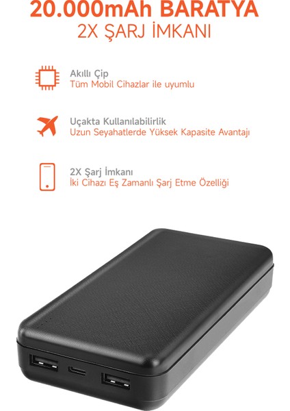 20.000 Mah Powerbank 2 USB Çıkışlı 1type-C Girişli SNP-3002 Siiyah