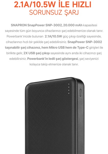20.000 Mah Powerbank 2 USB Çıkışlı 1type-C Girişli SNP-3002 Siiyah