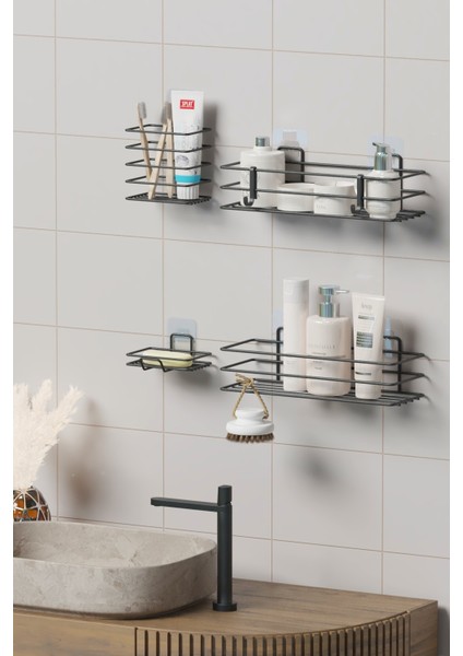 Yapışkanlı Banyo Seti Duş Rafı + Sabunluk + Diş Fırçalık Metal Set