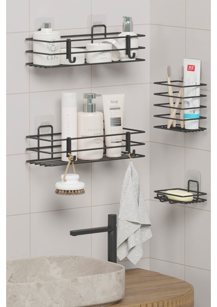 Yapışkanlı Banyo Seti Duş Rafı + Sabunluk + Diş Fırçalık Metal Set