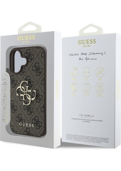 iPhone 16 Uyumlu Kılıf Guess Lisanslı Pu Deri 4g Desenli Metal Büyük 4g ve Yazı Logolu Kahverengi