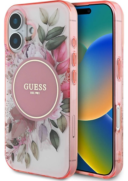 iPhone 16 Kılıf Guess Lisanslı Magsafe Özellikli Iml Baskılı Yazı Logolu Flower Tonal Circle Pembe