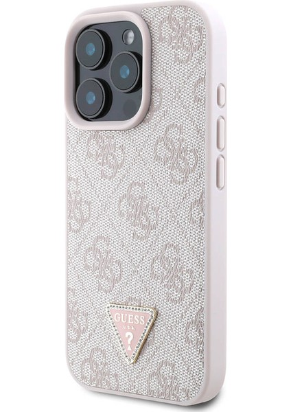 iPhone 16 Pro Kılıf Guess Lisanslı Pu Deri Taşlı Metal Üçgen Logo Vücut Askılı 4g Desenli Pembe fiyatları