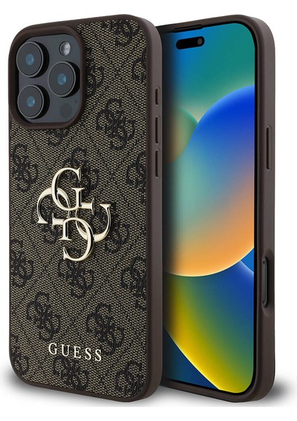 iPhone 16 Pro Kılıf Guess Orjinal Lisanslı Pu Deri 4g Desen Metal Büyük 4g ve Yazı Logolu Kahverengi