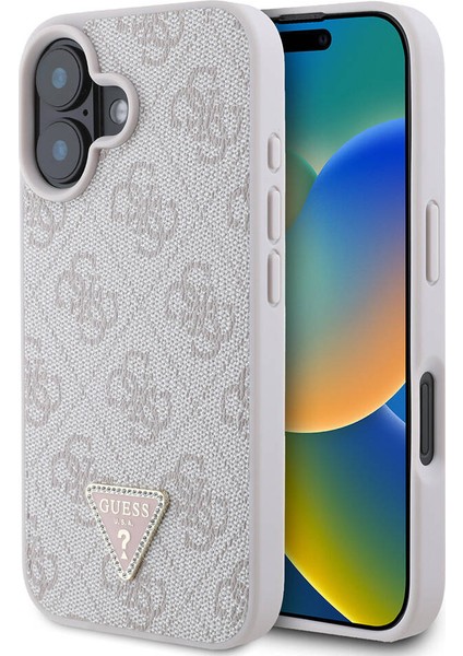 iPhone 16 Plus Kılıf Lisanslı Magsafe Özellikli Pu Deri 4g Desenli Taşlı Üçgen Logolu Pembe