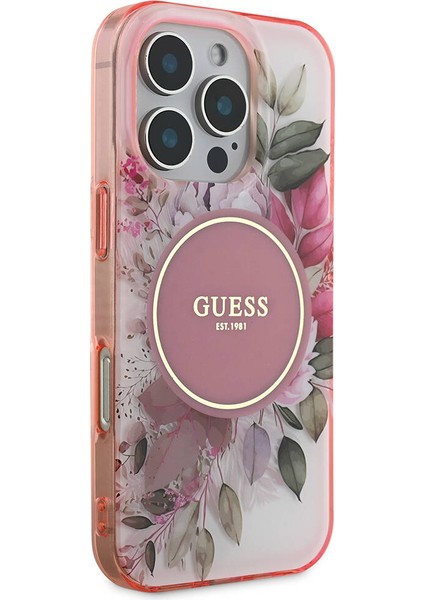 iPhone 16 Pro Max Uyumlu Kılıf Guess Orjinal Lisanslı Magsafe Özellikli Flower Tonal Circle Pembe