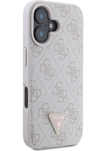 iPhone 16 Plus Kılıf Lisanslı Pu Deri Taşlı Metal Üçgen Logo Vücut Askılı 4g Desenli Pembe fiyatları