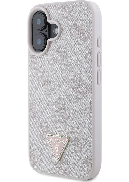 iPhone 16 Plus Kılıf Lisanslı Pu Deri Taşlı Metal Üçgen Logo Vücut Askılı 4g Desenli Pembe modelleri