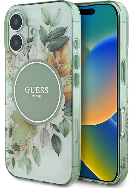 iPhone 16 Kılıf Guess Lisanslı Magsafe Özellikli Iml Baskılı Yazı Logolu Flower Tonal Circle Yeşil