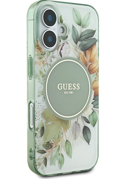 iPhone 16 Kılıf Guess Lisanslı Magsafe Özellikli Iml Baskılı Yazı Logolu Flower Tonal Circle Yeşil modelleri