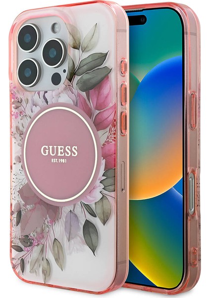 iPhone 16 Pro Uyumlu Kılıf Guess Orjinal Lisanslı Magsafe Şarj Özellikli Flower Tonal Circle Pembe