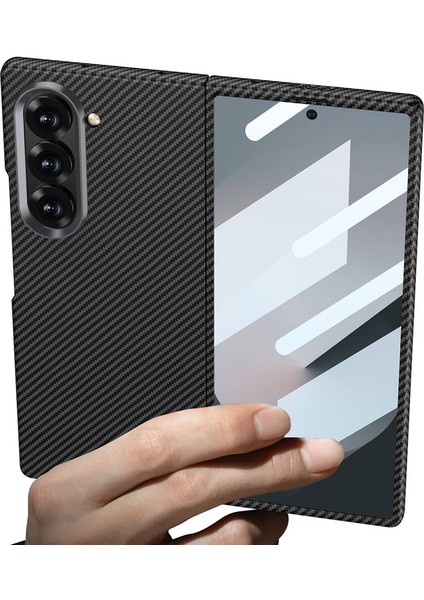 Alan Tech Galaxy Z Fold 6 Kılıf Kamera Korumalı Karbon Fiber Tasarımlı Arka Yüzey Kıpta Karbon Kapak