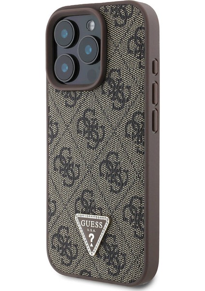 iPhone 16 Pro Max Kılıf Guess Lisanslı Pu Deri Taşlı Metal Üçgen Logo Vücut Askı 4g Desen Kahverengi fiyatları