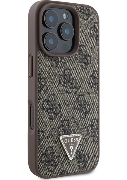 iPhone 16 Pro Max Kılıf Guess Lisanslı Pu Deri Taşlı Metal Üçgen Logo Vücut Askı 4g Desen Kahverengi modelleri