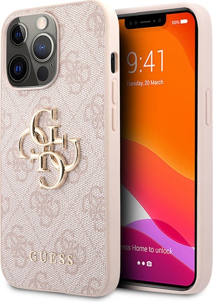 iPhone 13 Pro Max Kılıf Guess Orjinal Lisanslı Pu Deri 4g Desen Metal Büyük 4g ve Yazı Logolu Pembe