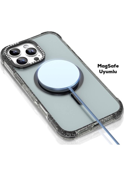 iPhone 16 Pro Uyumlu Kılıf Magsafe Şarj Özellikli Taşlı ve Simli Tasarım Mutural Blink Kapak Siyah