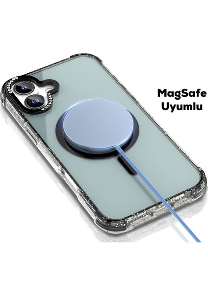 iPhone 16 Uyumlu Kılıf Magsafe Şarj Özellikli Taşlı ve Simli Tasarım Mutural Blink Kapak Siyah