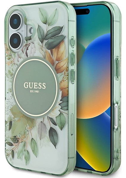 iPhone 16 Plus Kılıf Lisanslı Magsafe Özellikli Iml Baskı Yazı Logo Flower Tonal Circle Yeşil