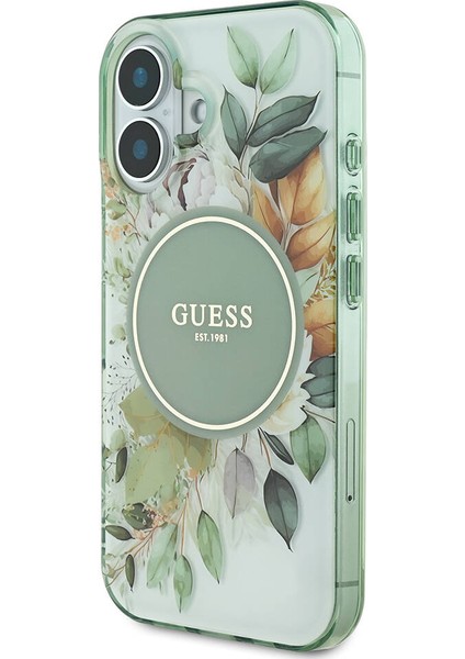 iPhone 16 Plus Kılıf Lisanslı Magsafe Özellikli Iml Baskı Yazı Logo Flower Tonal Circle Yeşil