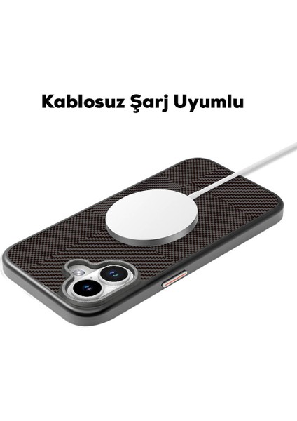 iPhone 16 Uyumlu Kılıf Magsafe Şarj Özellikli Karbon Fiber Desenli Mutural Montage Kapak Siyah