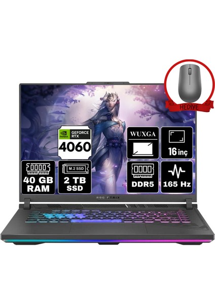 Rog Strıx G16 Intel Core I9-14900HX 40GB 2tb SSD RTX4060/8GB 16" Wuxga 165Hz W11H Taşınabilir Bilgisayar G614JVR-N3097-A51 & Anzar Mouse