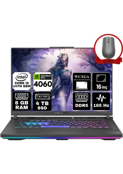 Rog Strıx G16 Intel Core I9-14900HX 8gb 4tb SSD RTX4060/8GB 16" Wuxga 165Hz W11P Taşınabilir Bilgisayar G614JVR-N3097-68 & Anzar Mouse