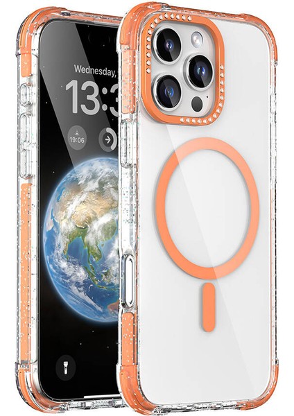 iPhone 16 Pro Max Uyumlu Kılıf Magsafe Şarj Özellikli Taşlı ve Simli Tasarım Mutural Blink Turuncu