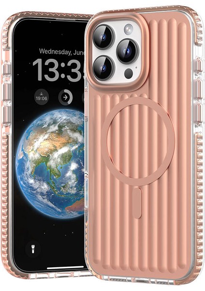 iPhone 16 Pro Uyumlu Kılıf Magsafe Şarj Özellikli Oyuklu Tasarım Mutural Bumpy Clear Rose Gold