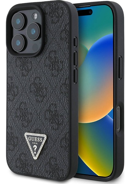 iPhone 16 Pro Max Kılıf Guess Lisanslı Magsafe Özellikli Pu Deri 4g Desenli Taşlı Üçgen Logolu Siyah