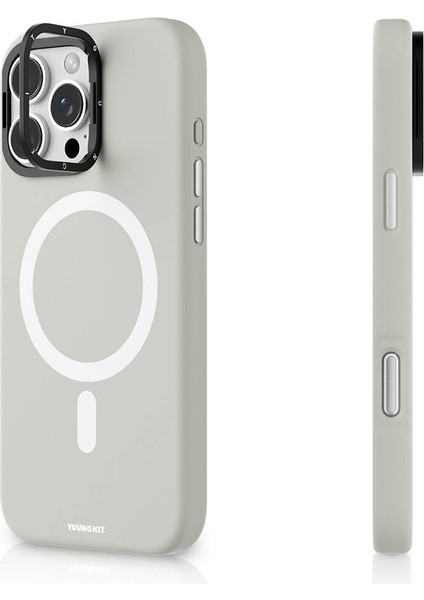 iPhone 16 Pro Max Kılıf Kamera Standlı Magsafe Şarj Özellikli Youngkit Bitty Cream Kapak Gri
