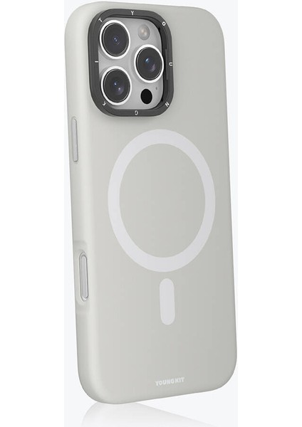 iPhone 16 Pro Max Kılıf Kamera Standlı Magsafe Şarj Özellikli Youngkit Bitty Cream Kapak Gri modelleri