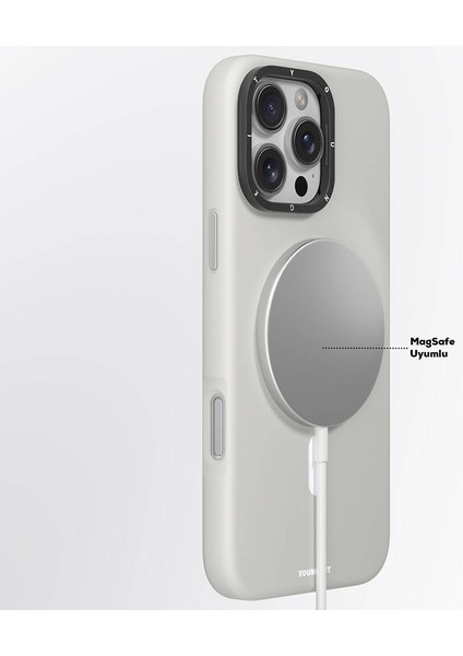 iPhone 16 Pro Max Kılıf Kamera Standlı Magsafe Şarj Özellikli Youngkit Bitty Cream Kapak Gri indirimleri